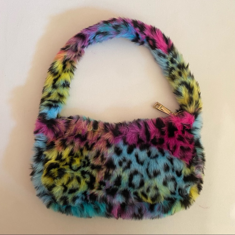 Rainbow Leopard Faux Fur Small Shoulder Bag - Picture 2 of 3